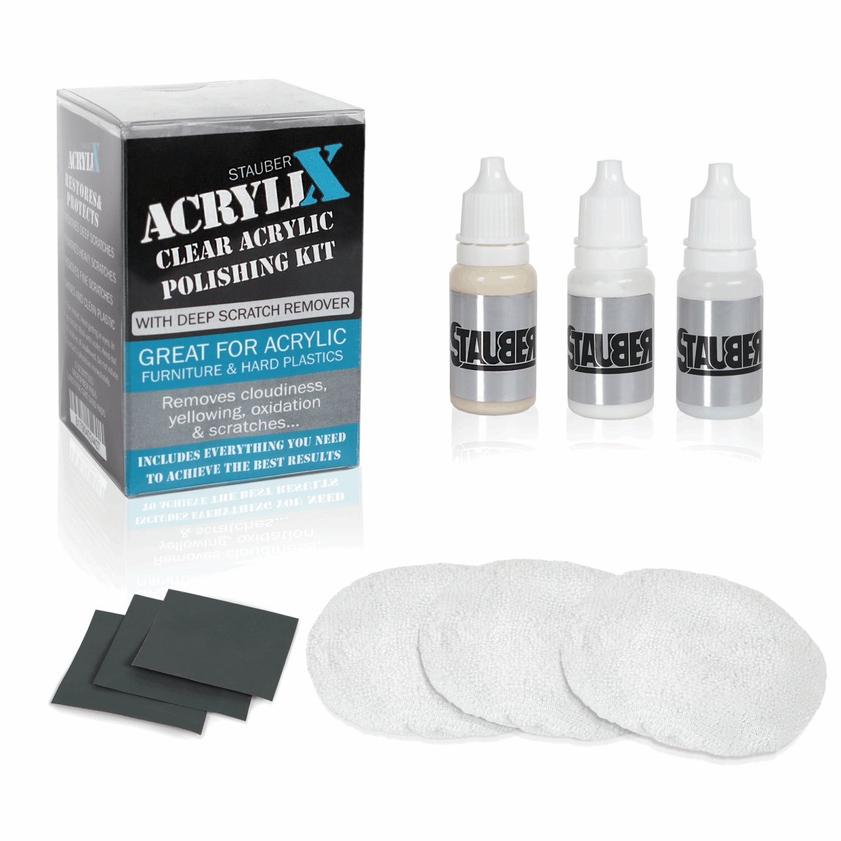 Acrylix Polishing and Scratch Removal Kit for Acrylic, Plexiglass, Lucite Stauber Furnishings