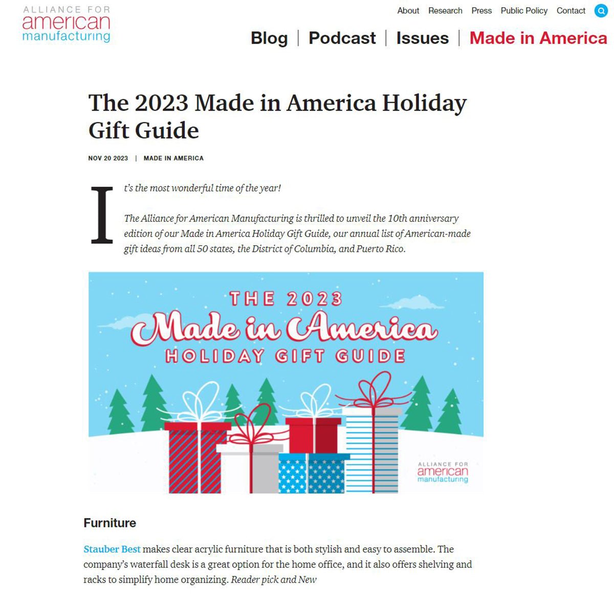STAUBER is "Reader's Pick" in the 2023 Holiday Gift Guide - AmericanManufacturing.org - Stauber Furnishings
