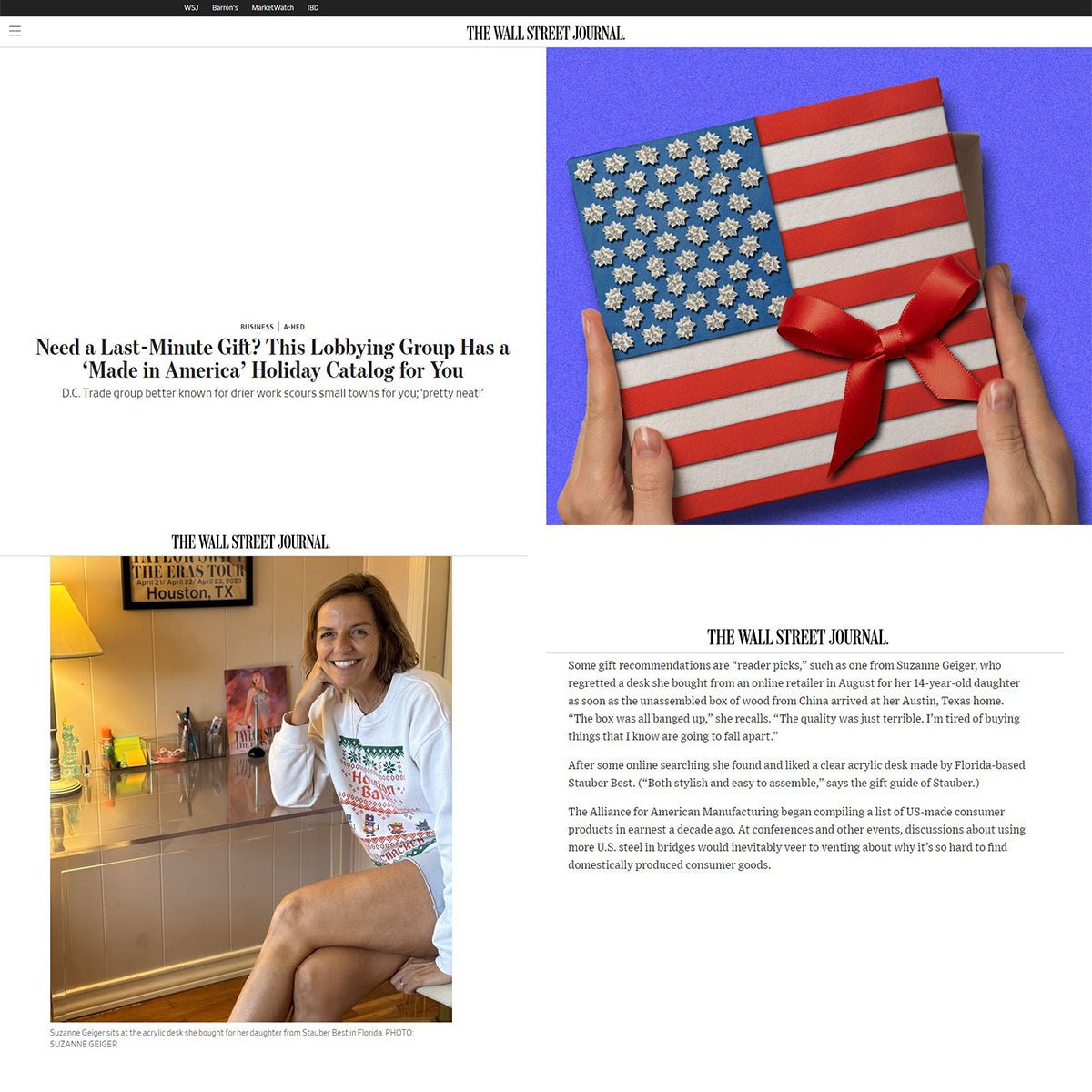 THE WALL STREET JOURNAL: "found and liked a clear acrylic desk made by Florida-based Stauber" - Stauber Furnishings