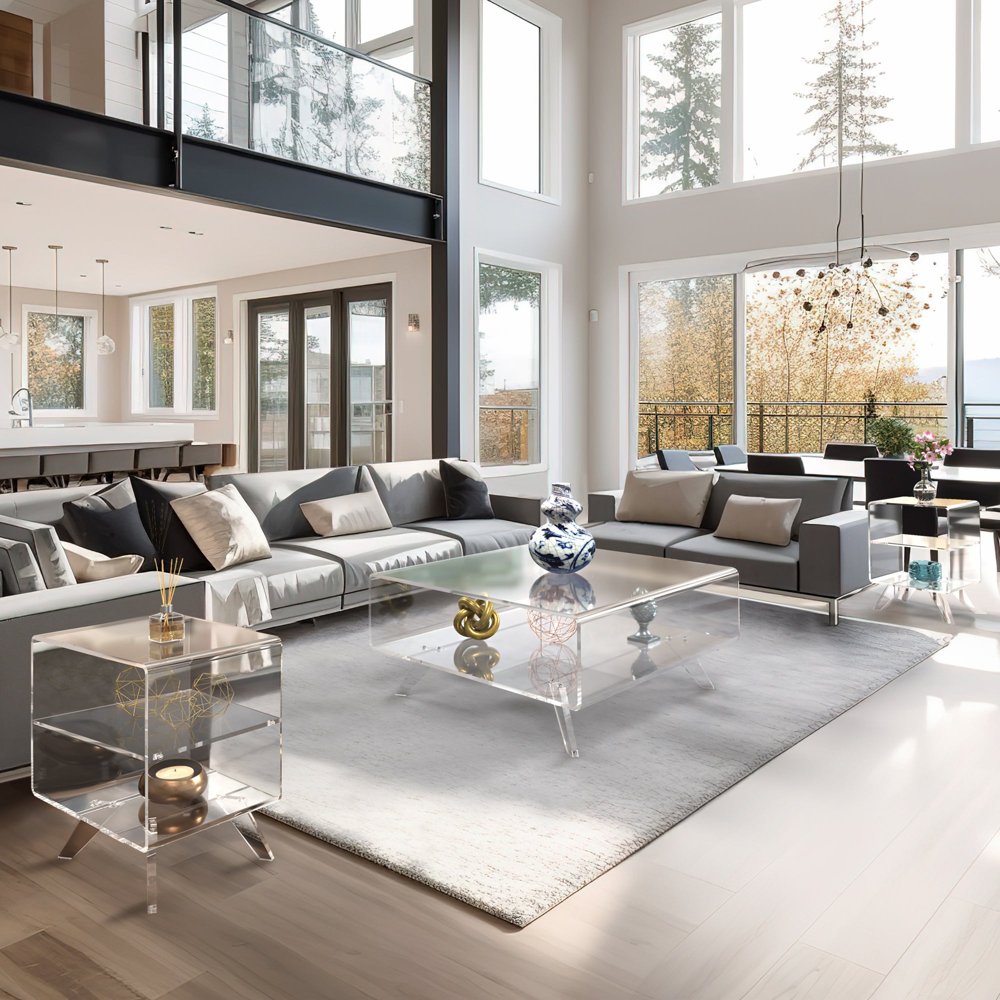Clear acrylic coffee table and side tables set in a upscale home.
