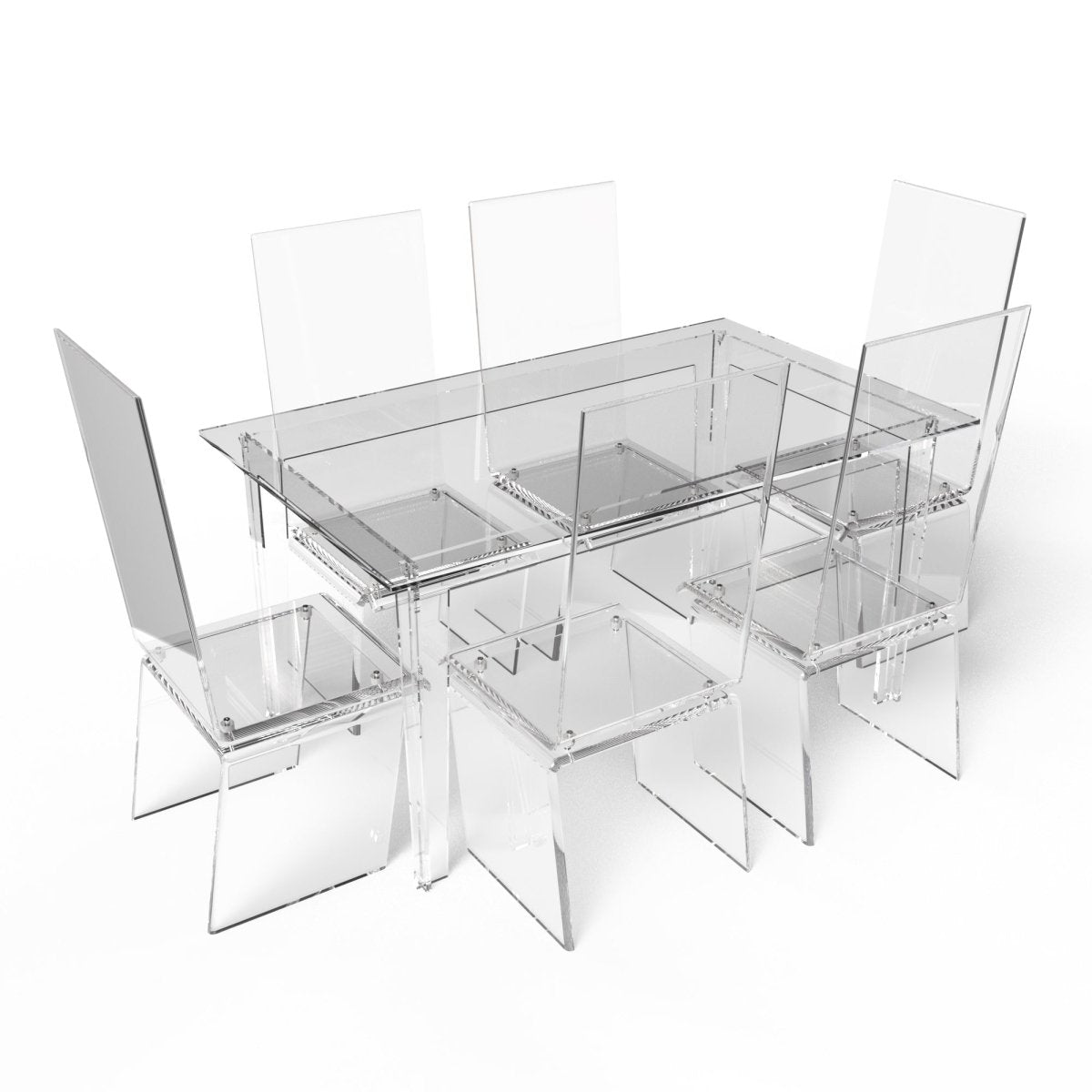 Clear acrylic dining set in a white background.