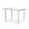  The table has a rectangular shape with flame polished edges and it is set up with four matching clear acrylic chairs