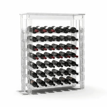  clear acrylic wine rack in white background with wine bottles