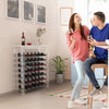 clear acrylic wine rack  full of wine bottles with couple enjoying wine.