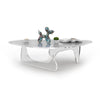 Noguchi clear acrylic table  with a ballon dog and a a book on top in a white background.